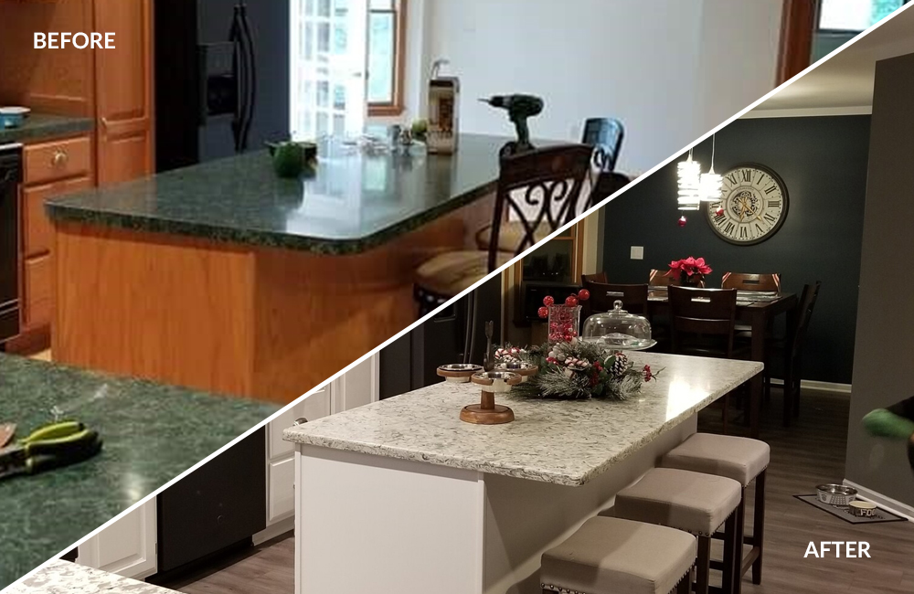 Before and after kitchen cabinet and countertop by MGW in a Metro Detroit home